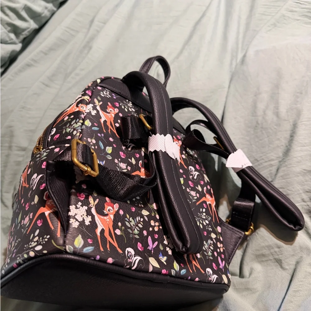 Loungefly Bambi Floral Mini Backpack in Dark Purple with Pink & Green Accents - Picture 2 of 4